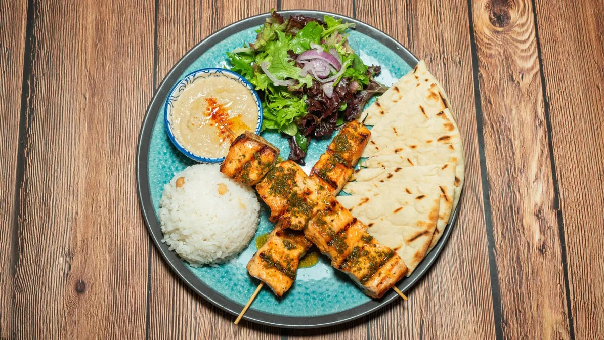 Salmon Shish Kebab - Grilled salmon skewers with lemon